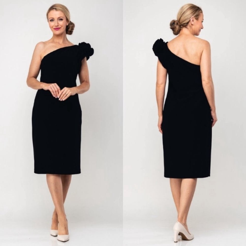 Joseph Ribkoff Black One-Shoulder Dress with Rosette Accent